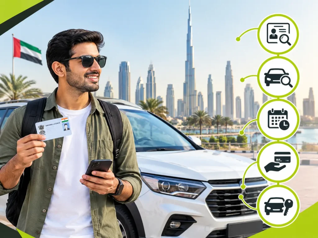 Indian driving licence holder preparing to rent a car in Dubai, with a white SUV and step-by-step car rental process icons in Headway Rent a Car brand colours.