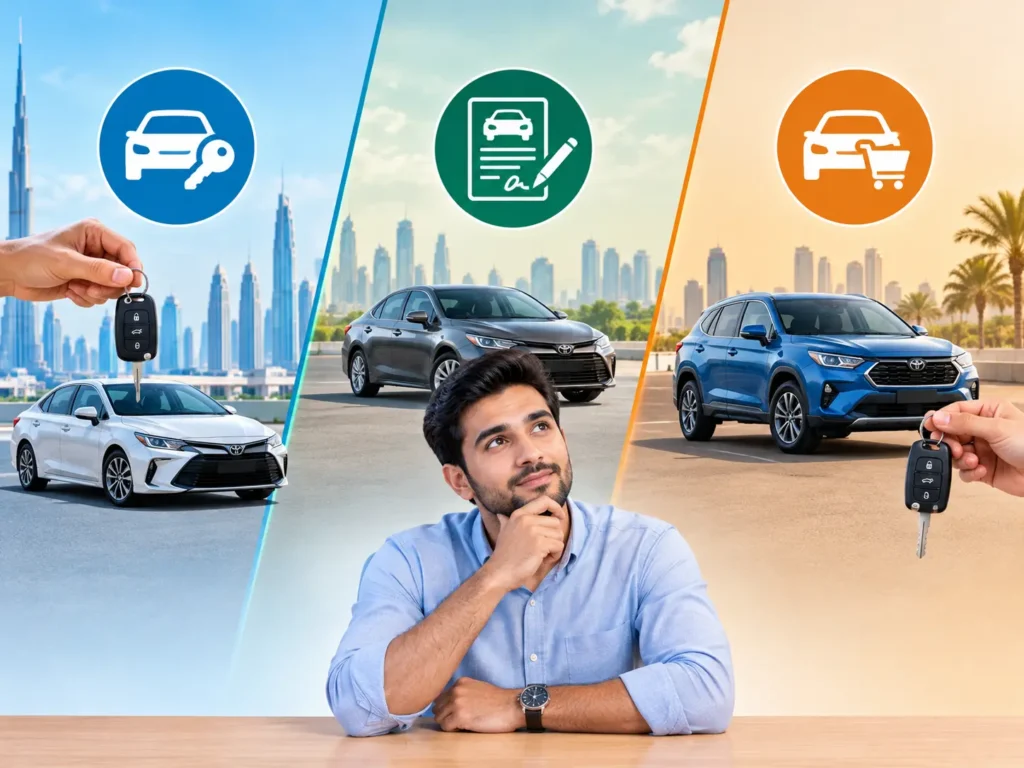 Illustration comparing renting, leasing, and buying a car for daily commuters, highlighting different vehicle ownership options