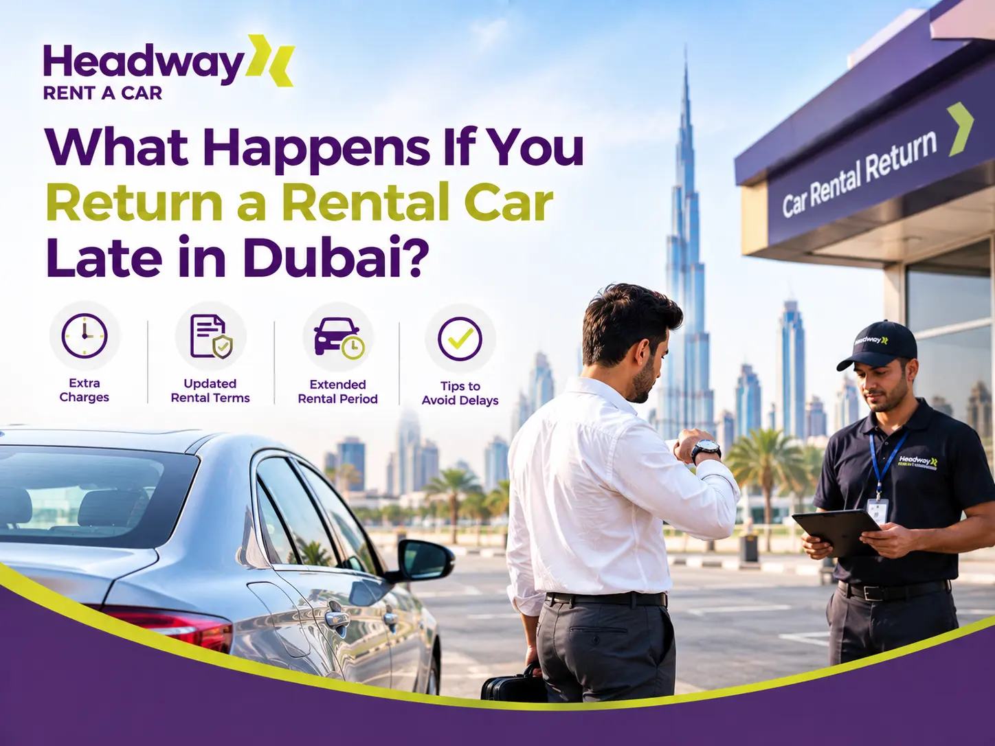 Return a Rental Car Late in Dubai, showing a customer checking the time while returning a rental car to a rental staff member